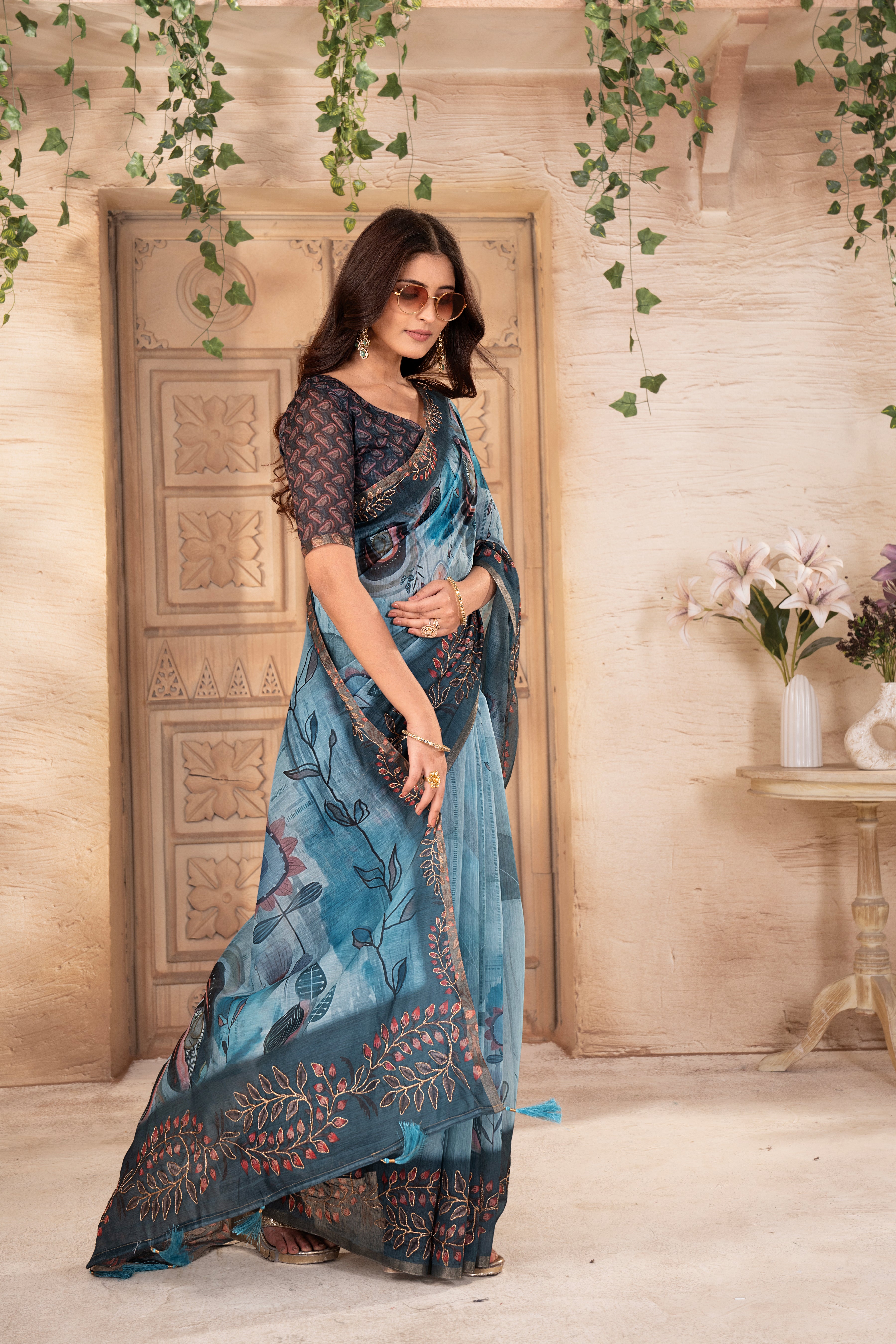 Firoza Flora Silk Chanderi Saree