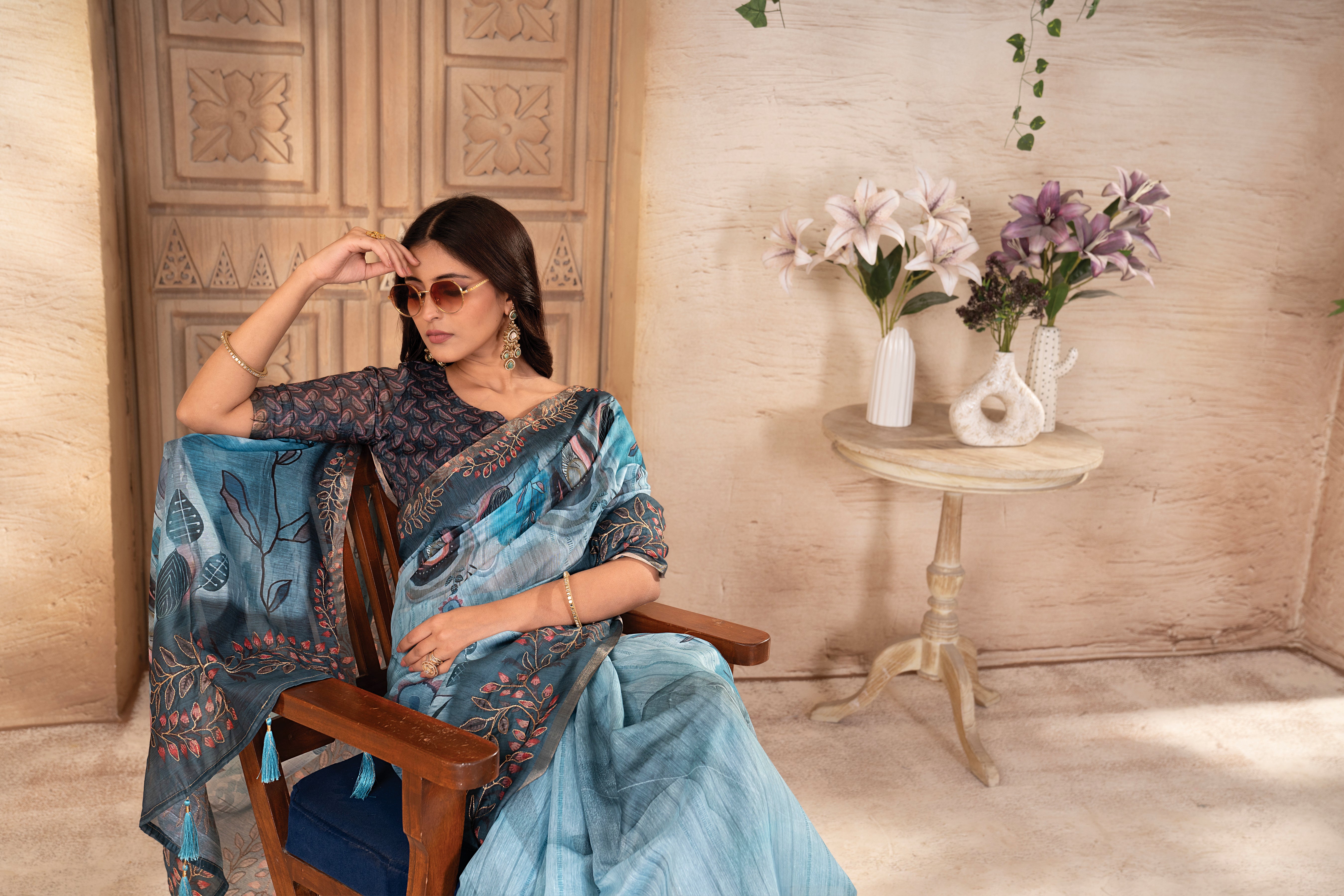 Firoza Flora Silk Chanderi Saree