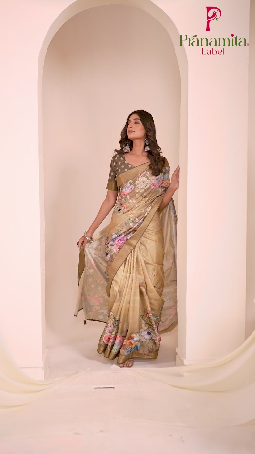 Beige Tussar Silk Floral Saree