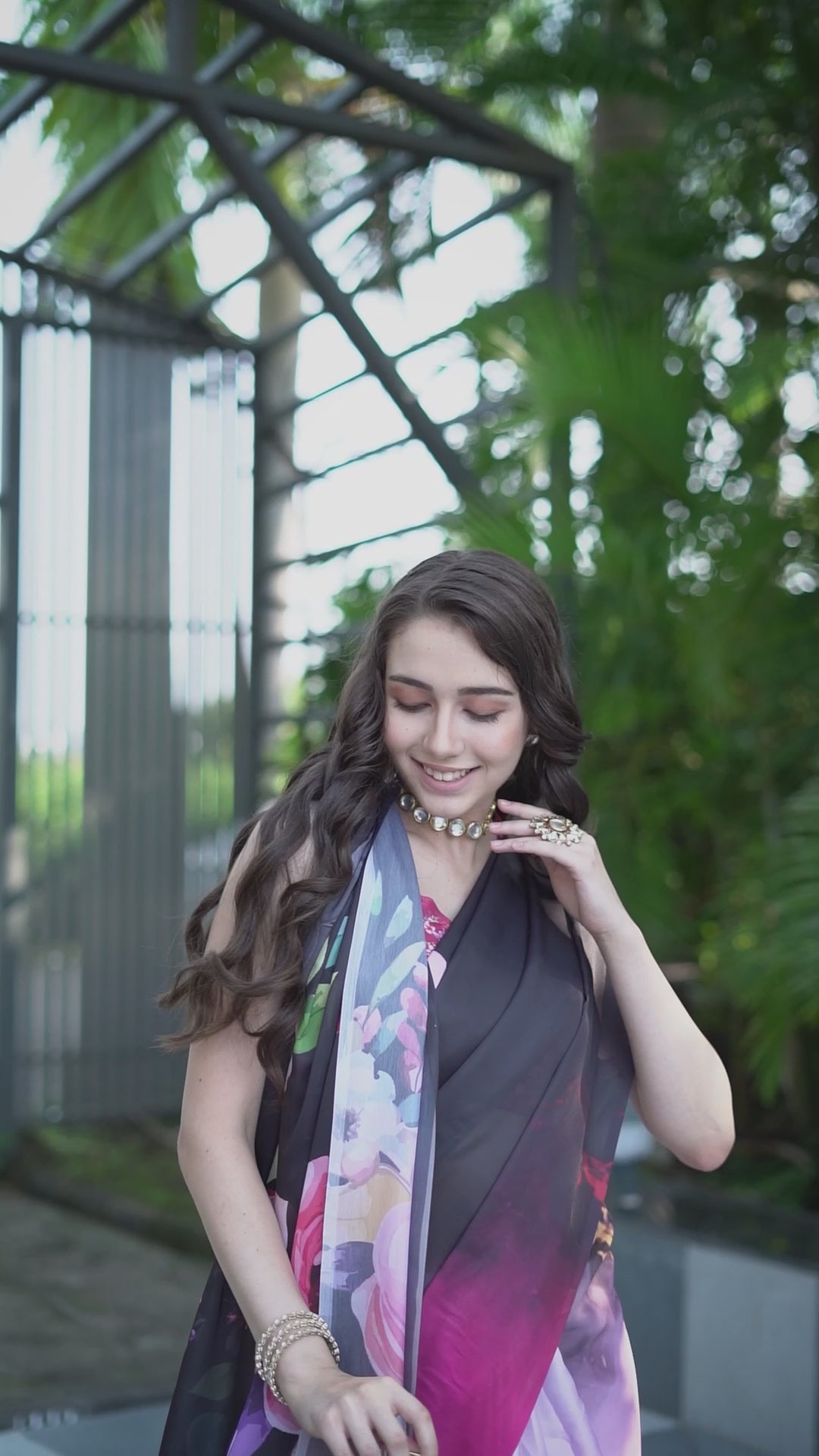 Black Pink Colour Block Georgette Saree